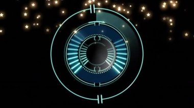 Animation of scan scope and falling stars over black background. party and celebration concept digitally generated video.