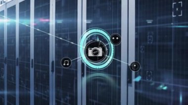 Animation of network of connection with icons over server room. global connections, business, digital interface, technology and networking concept digitally generated video.