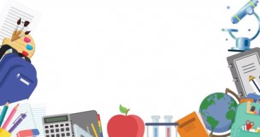 Animation of national mentoring month text with school items on white background. education and learning concept digitally generated video.