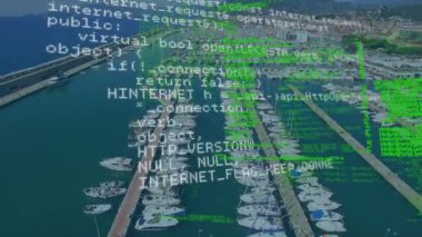 Şehir manzarası üzerinde veri işleme animasyonu. küresel iş, finans, bağlantılar ve dijital arayüz konsepti dijital olarak oluşturulmuş video.