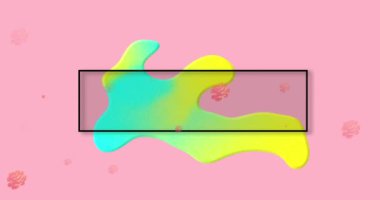 Animation of flash sale text in black, over blue and yellow blob with red roses on pink background.