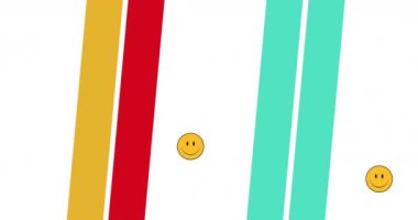 Animation of smiley emojis over multicoloured stripes on white background. social media, colour, abstract and pattern concept digitally generated video.