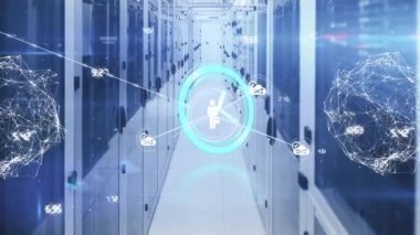Animation of network of connection with icons over server room. global connections, business, digital interface, technology and networking concept digitally generated video.