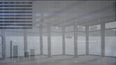 Animation of financial data processing over windows. global business, finances, connections and digital interface concept digitally generated video.