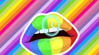 Animation of clock over mouth and rainbow lgbt flag. lgbtq pride and equality celebration concept digitally generated video.