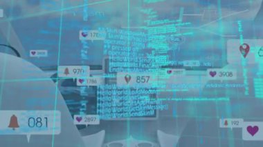 Animation of data processing and media icons over car. global business, finances, connections and digital interface concept digitally generated video.