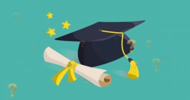 Animation of question mark and graduation cap on green background. education, knowledge and school concept digitally generated video.
