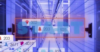 Animation of start text, social media icons and data processing over computer servers. global social media, data processing and communication concept digitally generated video.