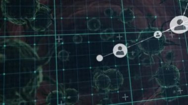 Virüs hücreleri üzerinden medya simgeleriyle bağlantı ağının animasyonu. Sayısal olarak üretilen covid 19 pandemik konsept sırasında sosyal medya.