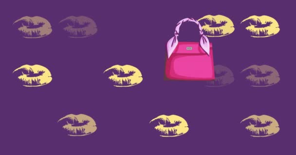 Animation Yellow Lips Pink Bag Purple Background Fashion Beauty Lifestyle — Vídeo de Stock