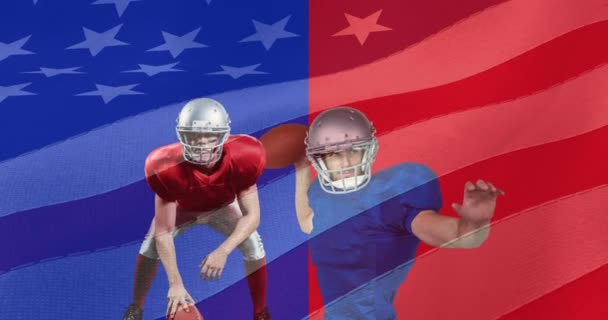 赤と青を背景にしたアメリカンフットボールのアニメーション 世界的なスポーツとデータ処理の概念デジタルで生成されたビデオ — ストック動画