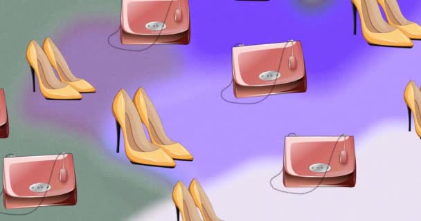 Animation Falling Bags Shoes Purple Background Fashion Style Retail Social — Wideo stockowe