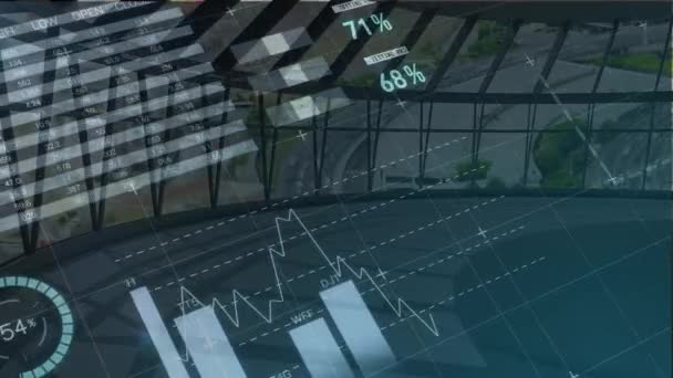 Animación Del Procesamiento Datos Financieros Través Del Paisaje Urbano Negocios — Vídeos de Stock