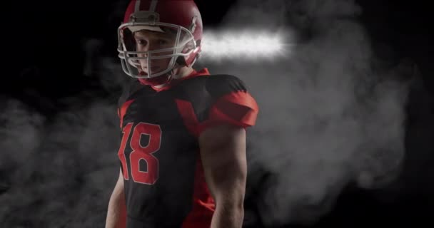 Animation American Football Player Clouds Smoke Spotlights Background Sports Competition — Stock Video