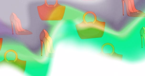 Animation Bags Stiletto Shoes Glowing Wave Background Online Retro Fashion — Vídeos de Stock
