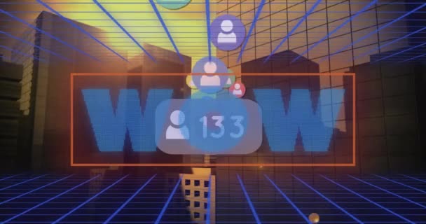 Animation Wow Text Numbers Growing Cityscape Global Social Media Connections — Vídeo de stock