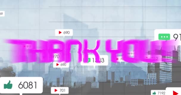 Animation Thank You Text Numbers Growing Cityscape Παγκόσμια Μέσα Κοινωνικής — Αρχείο Βίντεο
