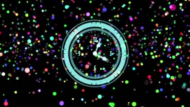 Animation Clock Falling Colorful Spots Black Background Party Celebration Concept — Stock video