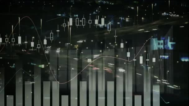 Анимация Обработки Финансовых Данных Ночному Городскому Пейзажу Глобальный Бизнес Финансы — стоковое видео