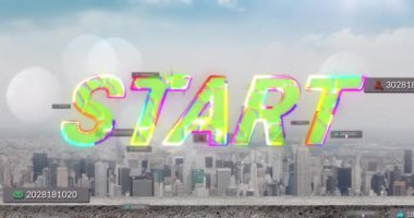Animation of start text and numbers growing over cityscape. global social media, connections and digital interface concept digitally generated video.
