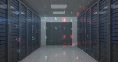 Animation of cyber attack warning over server room. global internet security, connections and data processing concept digitally generated video.