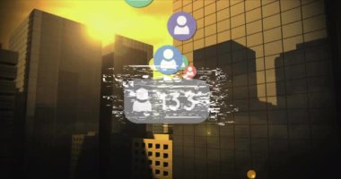 Animation of wow text and numbers growing with icons over cityscape. global social media and digital interface concept digitally generated video.