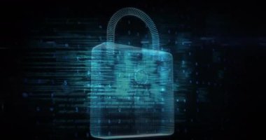 Animation of cyber attack warning and padlock over silhouettes of people in server room.