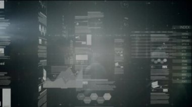 Siyah arka planda finansal veri işleme animasyonu. küresel iş, finans, bağlantılar ve dijital arayüz konsepti dijital olarak oluşturulmuş video.