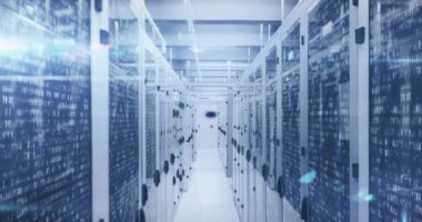 Animation of thank you text and numbers growing over server room. global social media, connections and digital interface concept digitally generated video.