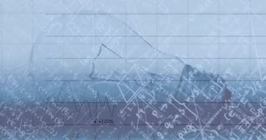 Animation of mathematical equation over statistics and light bulb. global finance, business and data processing concept digitally generated video.