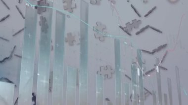 Bulmaca üzerinde finansal veri işleme animasyonu ve çeşitli iş adamları el sıkışıyor. küresel iş, finans, bağlantılar ve dijital arayüz konsepti dijital olarak oluşturulmuş video.