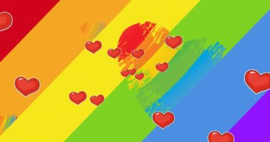 Animation of falling rainbow heats over rainbow background. lgbtq pride and equality celebration concept digitally generated video.