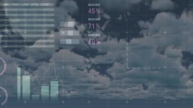 Animation of financial data processing over clouds. global business, finances, connections and digital interface concept digitally generated video.