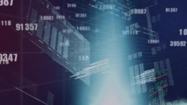 Mavi arka planda finansal veri işleme animasyonu. küresel iş, finans, bağlantılar ve dijital arayüz konsepti dijital olarak oluşturulmuş video.