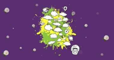 Animation of cloud and flower icons on purple background. hobby and digital interface concept digitally generated video.