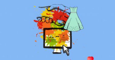 Animation of dress and computer icons box over hearts on blue background. hobby and lifestyle concept digitally generated video.