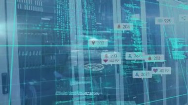 Animation of digital screens and data processing over server room. global business, finances, connections and digital interface concept digitally generated video.