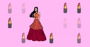 Animation of lipsticks over female model in dress on pink background. fashion, beauty and lifestyle concept digitally generated video.