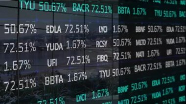 Animation of stock market over cityscape. global business, finances, connections and digital interface concept digitally generated video.