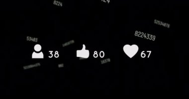 Animation of social media icons and numbers falling over black background. global social media, networking and communication concept digitally generated video.