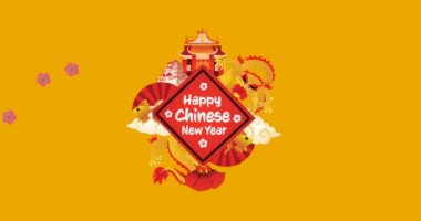 Animation of happy chines new year text over orange background. new years eve party and celebration concept digitally generated video.