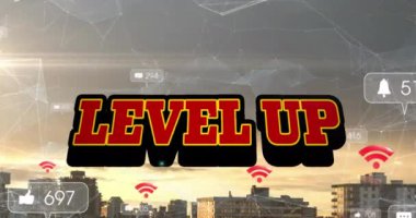 Animation of level up text and numbers growing over cityscape. global social media, connections and digital interface concept digitally generated video.