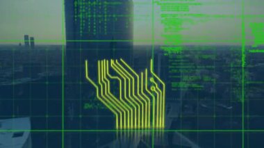 Animation of data processing and yellow lines over cityscape. global business, finances, connections and digital interface concept digitally generated video.