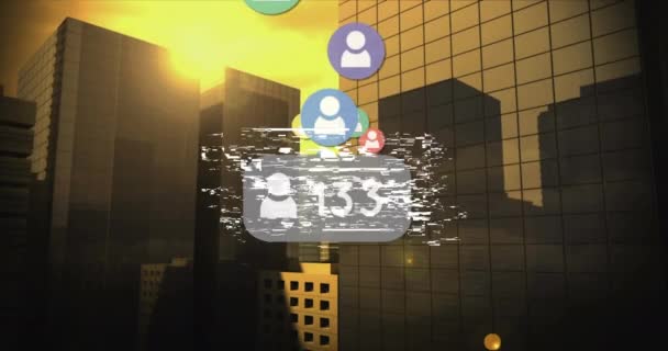 Animation Wow Text Numbers Growing Icons Cityscape Global Social Media — Video