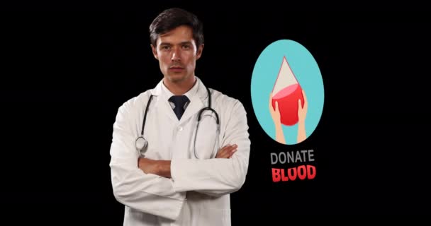 Animáció Véradás Szöveg Fehér Férfi Orvos Fekete Alapon Véradás Gyógyszer — Stock videók