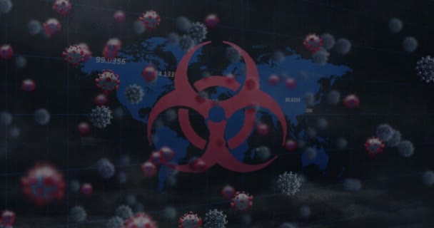 Animation Biohazard Symbol Covid Cells Moving World Map Background Global — Stockvideo