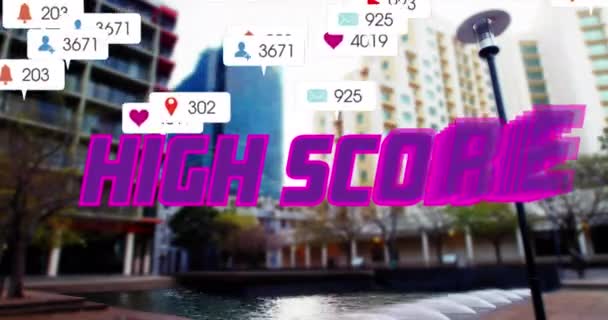 Animation High Score Text Purple Social Media Notifications Modern City — Stockvideo