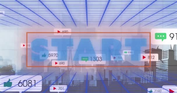 Animation Start Text Numbers Growing Cityscape Global Social Media Connections — Vídeo de Stock