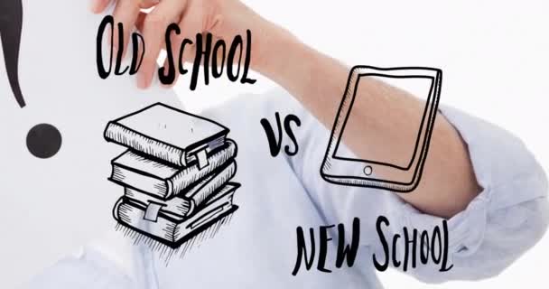 Animace Staré Školy Nový Školní Text Nad Bělochem Drží Otazník — Stock video