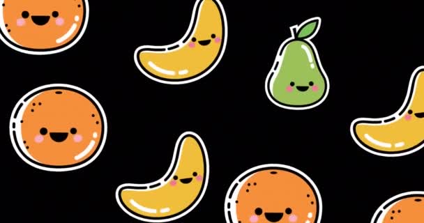 Animation Falling Smiling Fruits Black Background Color Food Background Concept — Stockvideo